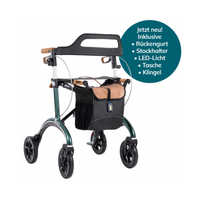 Bild von einem grünen Saljol Rollator mit Zubehör