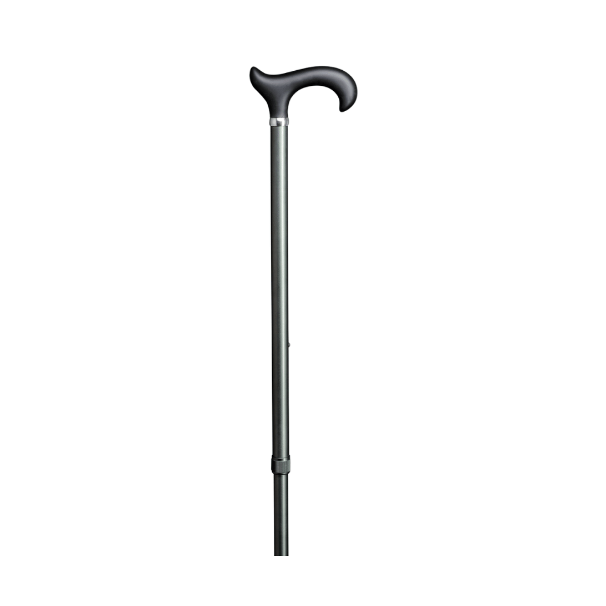 Höhenverstellbare Gehstock in der Farbe grau mit Matt-Finish mit ergonomischen Griff in der Farbe schwarz.