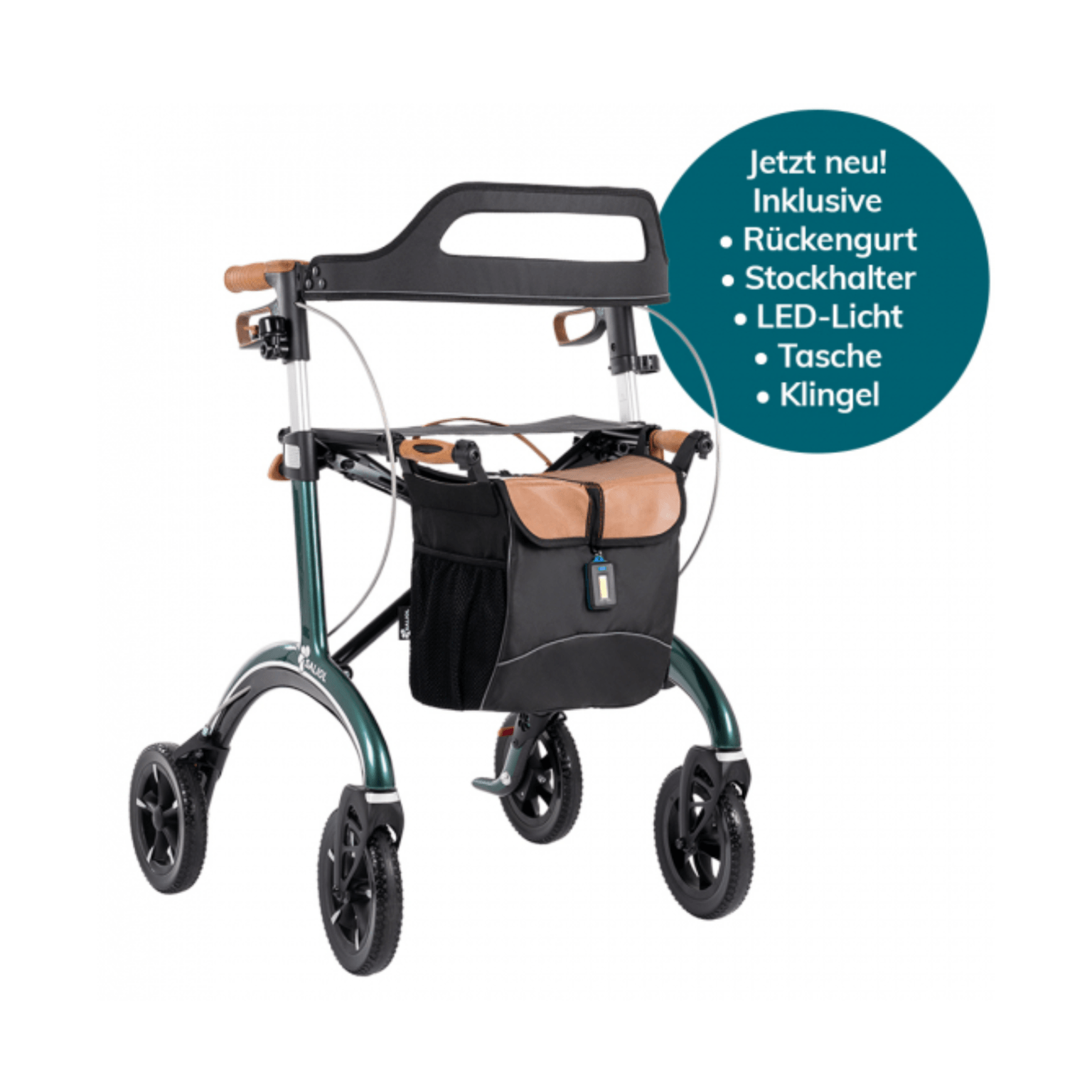 Bild von einem grünen Saljol Rollator mit Zubehör